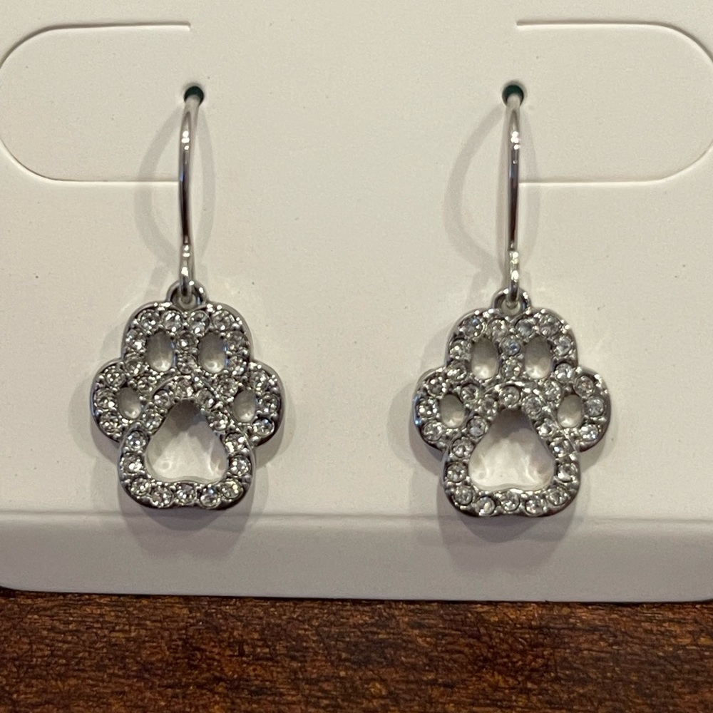 Origami Owl Silver Pave Paw Drop Earrings with Crystals, NIB
